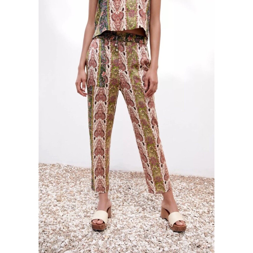 ZARA Multicolor Green‎ Floral Paisley Print Satin Viscose Pants Size S Cottage